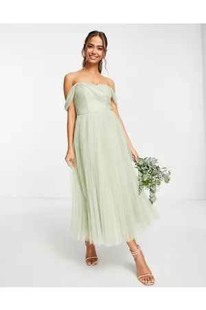 ASOS Brudepiger - Salviegrøn offshoulder-midikjole med bindebånd på ryggen og plisseret nederdel i tyl