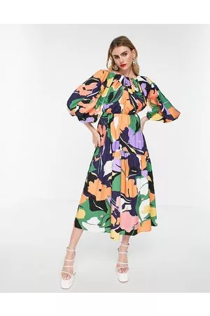 ASOS Midikjole i abstrakt print med voluminøse ærmer og udskæring bagpå