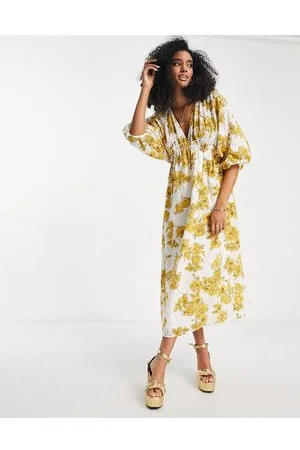 ASOS Broderet midikjole med samlet talje i blomstermønster-Multifarvet