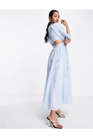 ASOS Blå midikjole med pufærmer og udskæring på ryggen samt perlebroderi