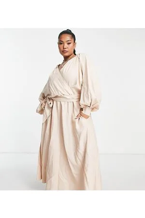 ASOS Curve - slå-om-midikjole med elastikdetalje på ryggen i hør-Neutral