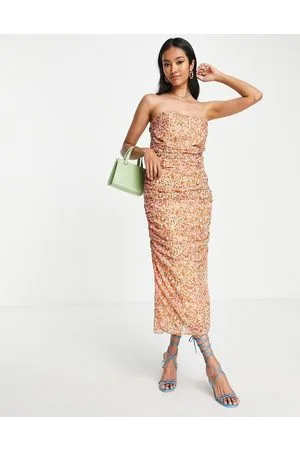 Pretty Lavish Rynket brun bandeau-midaxikjole med print-Multifarvet