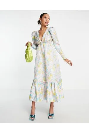 ASOS Midikjole med talje og plisseringer på brystet i blomstret jacquard