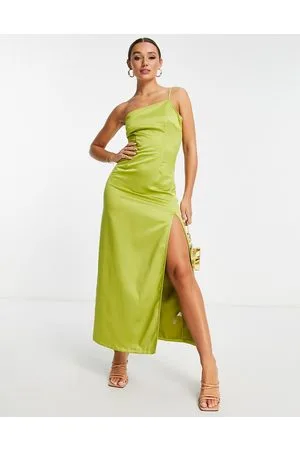 Extro & Vert Oneshoulder-maxikjole med slids i olivengrønt satin