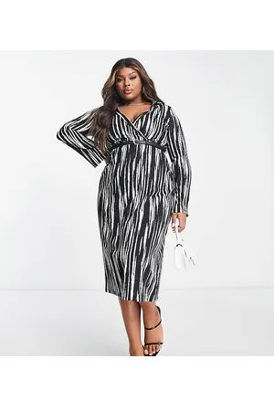 ASOS ASOS DESIGN Curve - Slå-om-midikjole med bælte og abstrakt print i monokrome farver-Multifarvet