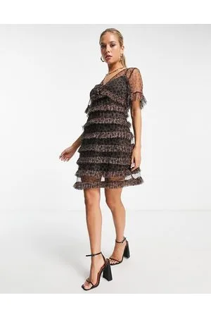 Never Fully Dressed Lagdelt minikjole med korte ærmer og leopardprint i mesh-Rød