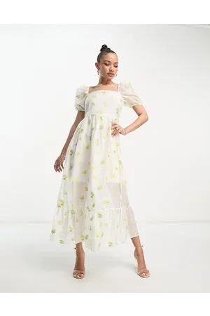 Collective The Label Hvid tea-kjole i organza med pufærmer og blomstermønster