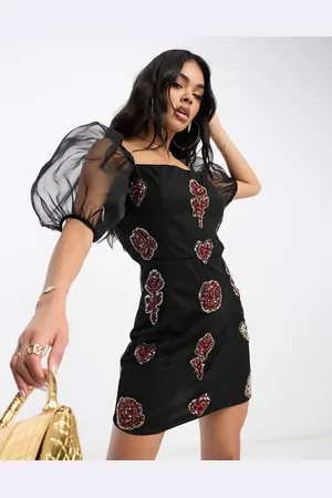 Lace & Beads Transparent bodycon-minikjole med pufærmer og forskellige applikationer - Kun hos ASOS-Multifarvet