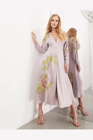 ASOS Langærmet midikjole med blomsterbroderi i satin