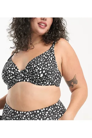 ASOS Kvinder Bøjle Bikinier - ASOS DESIGN Curve - Mix og match - Sort bikinitop med bøjle, asymmetrisk front og plettet hvidt print-Multifarvet