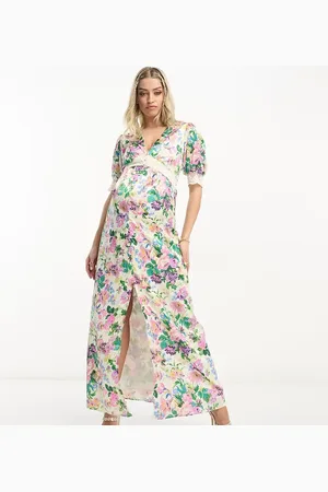 HOPE & IVY Hope And Ivy Maternity - Maxikjole med pufærmer og cremehvidt blomstermønster i satin