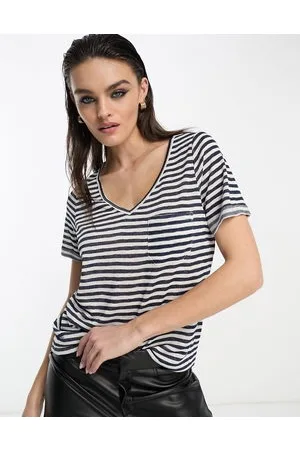 Object Stribet t-shirt med V-hals i marineblå og hvid-Multifarvet