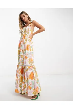 ASOS Maxi-solkjole med flæser og blondeindsatser i retro-blomstermønster-Multifarvet