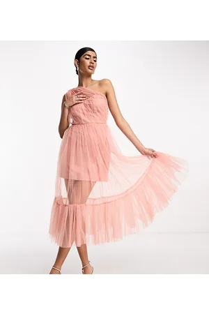 Lace & Beads Brudepiger - Gennemsigtig oneshoulder-midikjole i rosa tyl-Lyserød