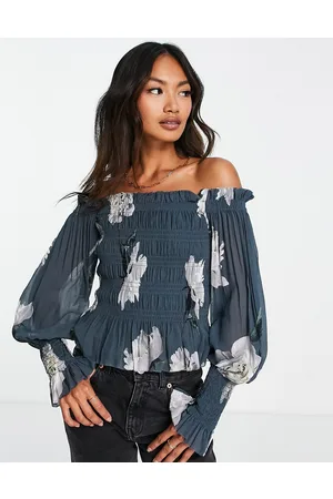 AllSaints Lara Cordelia - Offshoulder top i røggrå med blomstermønster