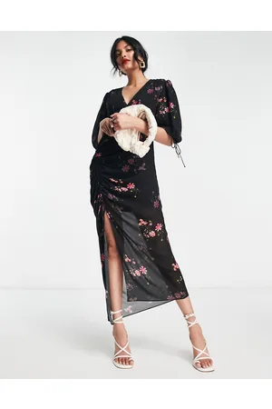 AllSaints Safiya - Rynket midikjole med slids og blomstermønster