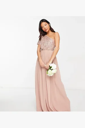 Beauut Petite - Brudepiger - Gråbrun oneshoulder-maxikjole med udsmykket livstykke-Neutral