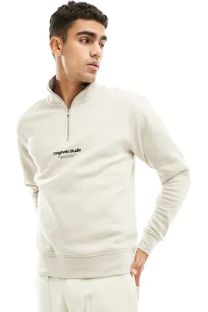 JACK & JONES Beige sweatshirt med 1/4 lynlås og centralt logo-Neutral