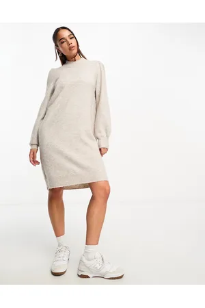 JDY Strikket mini-sweaterkjole med pufærmer i beige strik-Grå