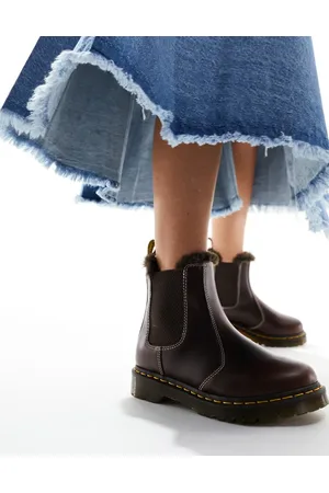 Dr. Martens 2976 Leonore - Mørkebrune Chelsea-støvler i læder med imiteret pelsfor
