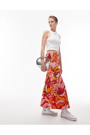 Topshop Maxinederdel med orange/ blomstermønster og skråsnit