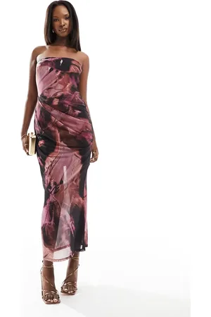 ASOS Pink bandeau-midikjole i mesh med draperet overdel og abstrakt print-Multifarvet