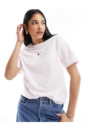 Pieces® T-shirt med opsmøgne ærmekanter og striber i pastel-lyslilla-Multifarvet