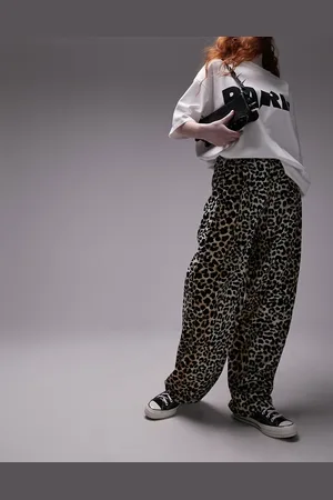 Topshop Plisserede bukser med vide ben og leopardprint i hør