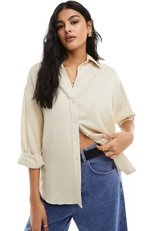 Stradivarius Skjorte i lys beige hørlook med afslappet pasform-Neutral
