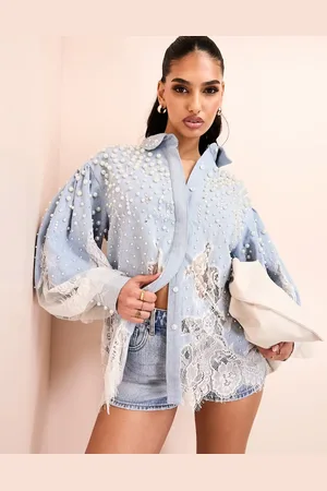 ASOS Mellemvasket og blå denimskjorte med perler og blondedetaljer