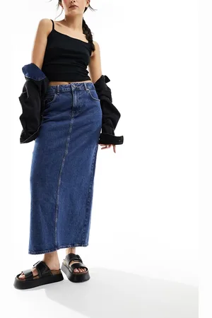 Object Mellemblå og forvasket søjle-maxinederdel i denim