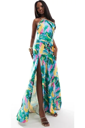 True Violet Oneshoulder-maxikjole med i satin-Multifarvet