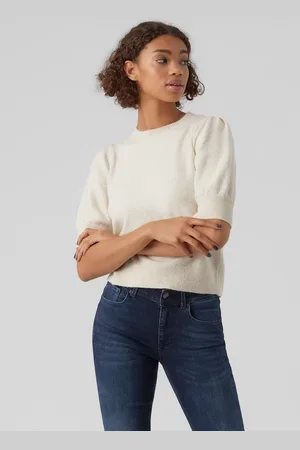 VERO MODA Cremehvidmeleret kortærmet striktrøje