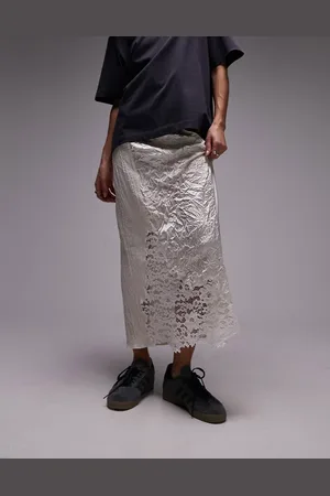 Topshop Elfenbenshvid midinederdel med patchwork-design i krøllet satin