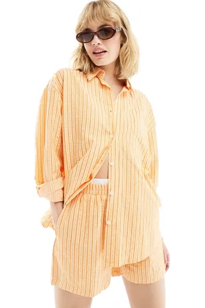 Daisy Street Oversized boyfriend-skjorte i orange med striber og tekstur - Del af sæt