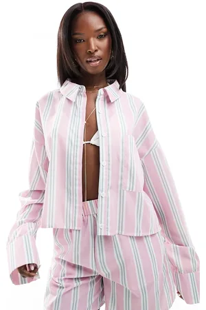 Kaiia Pink cropped poplinskjorte med striber - Del af sæt-Multifarvet