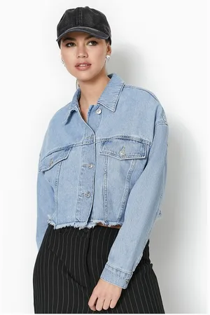 Pimkie Cropped oversized denimjakke med rå kant i lyseblå vask