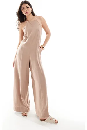 ASOS Mandelfarvet jumpsuit med racerhals og crosshatch-tekstur i hørlook-Neutral