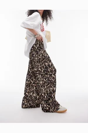 Topshop Plisserede bukser med vide ben og abstrakt leopardprint i brunt krølstof