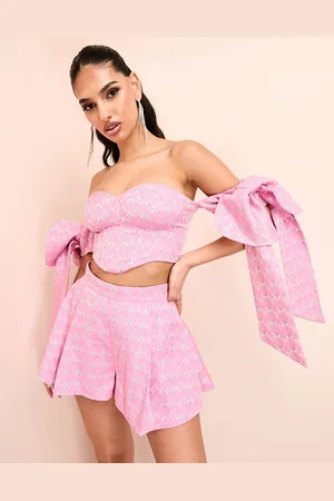 ASOS Pink bandeau-korset-top med ærmer med sløjfe og bindebånd i jacquard med print-Lyserød