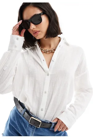 Pull&Bear Oversized skjorte med lange ærmer i hvidt hørlook