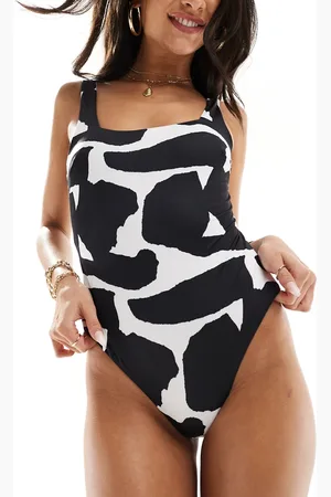 ASOS Sheri - Monokrom badedragt med firkantet hals og dyb, rund ryg i abstrakt print-Multifarvet