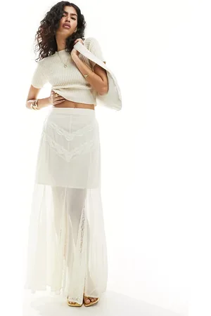 Miss Selfridge Cremehvid maxinederdel i chiffon og blonde med godet-paneler-Sort