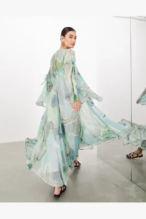 ASOS Langærmet maxikjole med rynkedetalje og blåt akvarelprint i chiffon-Multifarvet