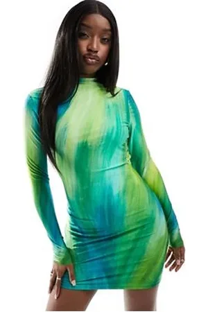 Farai London Ophelia - Højhalset langærmet minikjole i bodycon-pasform i grønt overgangsmønster