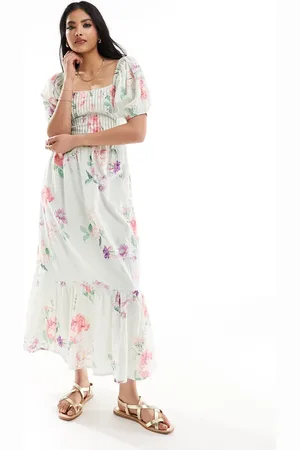 ASOS Midikjole i bomulds-dobby med snøreryg og blomstret print-Multifarvet