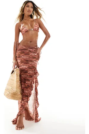 South Beach Rustrød maxi-sarong med flæser og abstrakt print-Orange