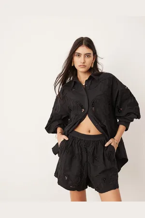 ASOS Flagrende sorte shorts med firkantet pasform og udskåret broderie anglaise-mønster - Del af sæt-Hvid