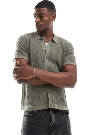 Abercrombie & Fitch Mellemgrøn og strikket polotrøje med knapper og fugle- og-blomsterbroderi