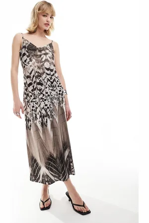 AllSaints Hadley Sierra - Slip-midikjole med sort/hvidt print i satin